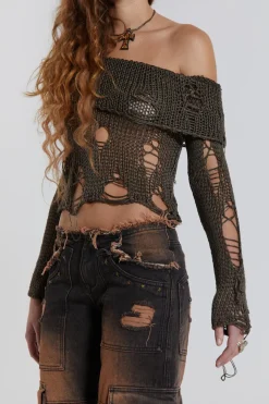 Jaded London Knitwear*Esra Laddered Knit Off The Shoulder Top