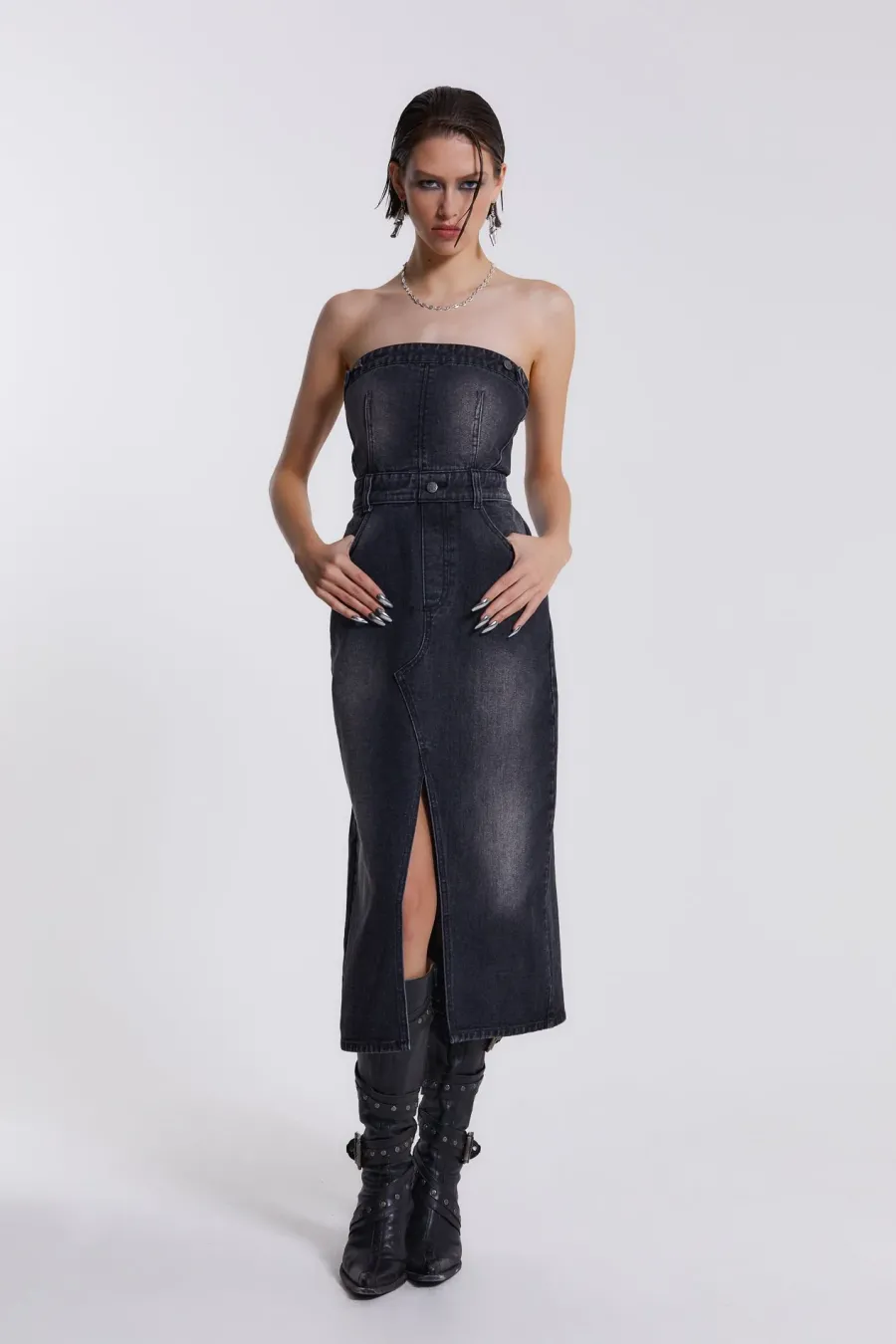 Jaded London *Liberty 2 In 1 Detachable Denim Black Midi Dress