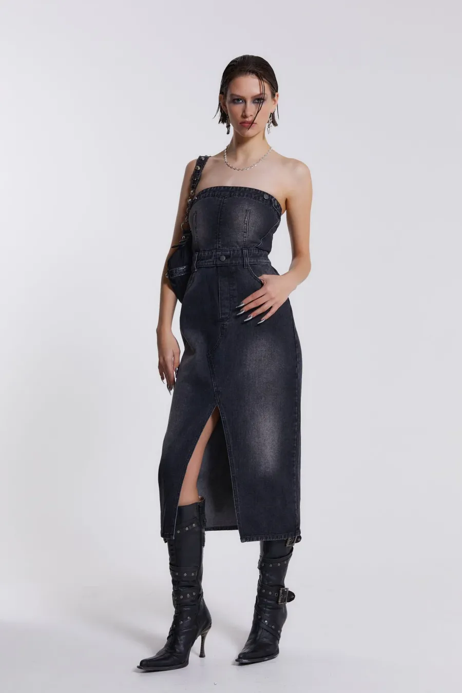 Jaded London *Liberty 2 In 1 Detachable Denim Black Midi Dress