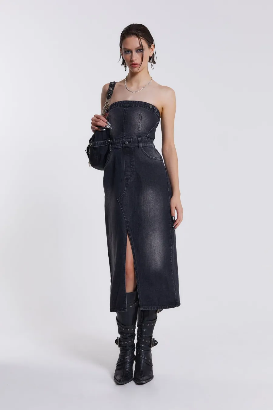 Jaded London *Liberty 2 In 1 Detachable Denim Black Midi Dress