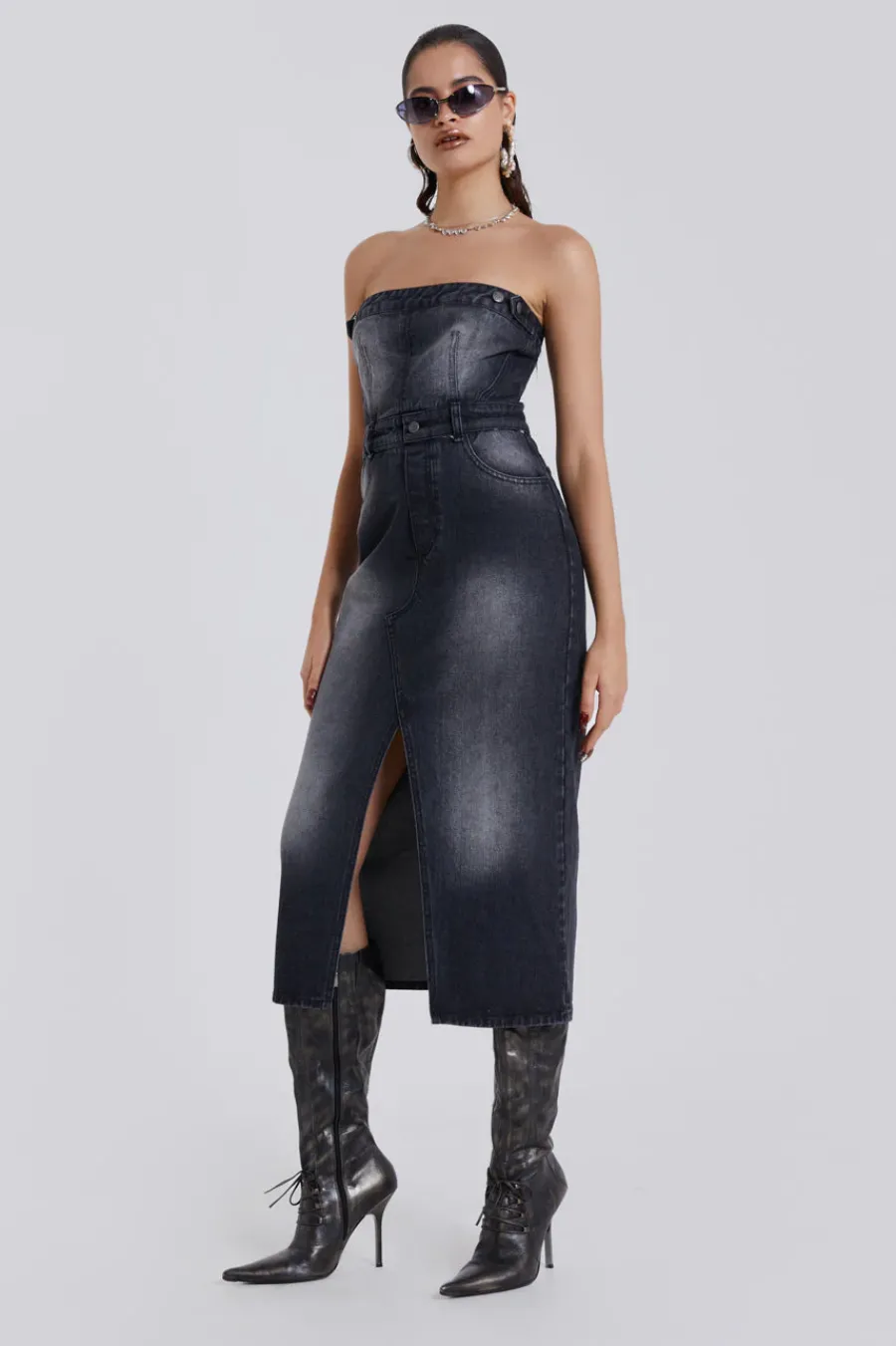 Jaded London *Liberty 2 In 1 Detachable Denim Black Midi Dress