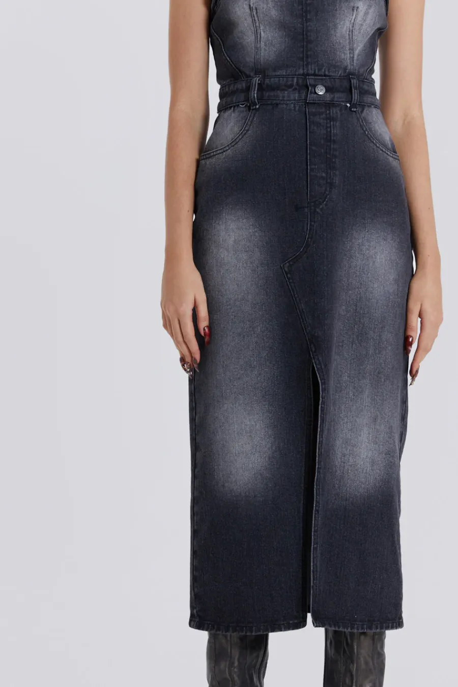 Jaded London *Liberty 2 In 1 Detachable Denim Black Midi Dress