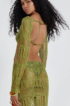Jaded London Knitwear*Moss Green Metallic Umbra Maxi Dress