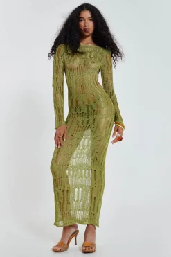 Jaded London Knitwear*Moss Green Metallic Umbra Maxi Dress