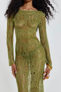 Jaded London Knitwear*Moss Green Metallic Umbra Maxi Dress