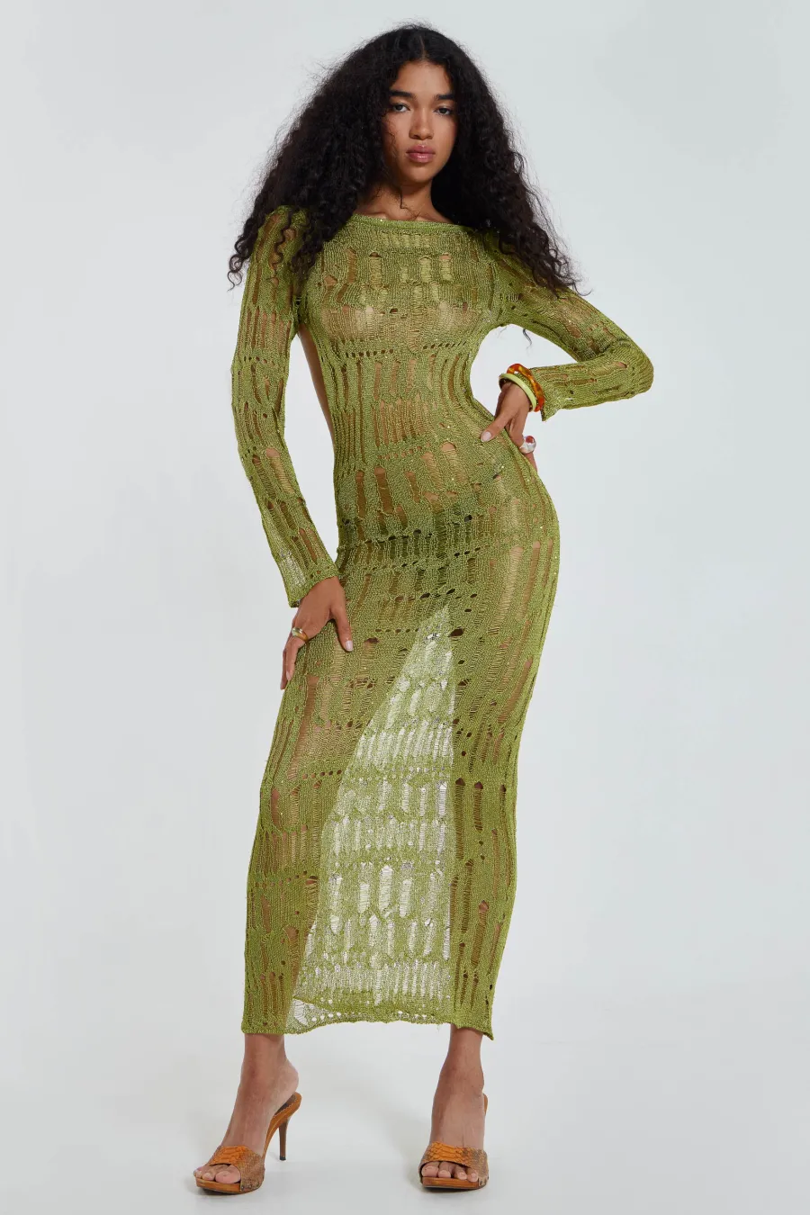 Jaded London Knitwear*Moss Green Metallic Umbra Maxi Dress