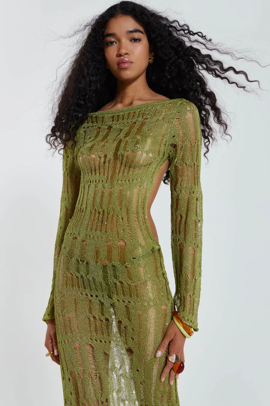 Jaded London Knitwear*Moss Green Metallic Umbra Maxi Dress
