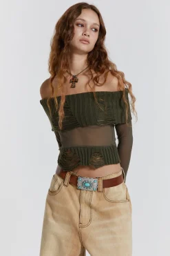Jaded London Knitwear*Nova Off The Shoulder Mesh Top