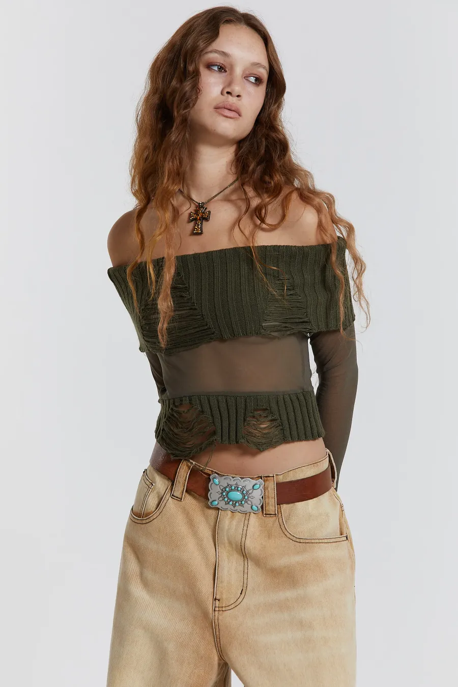 Jaded London Knitwear*Nova Off The Shoulder Mesh Top