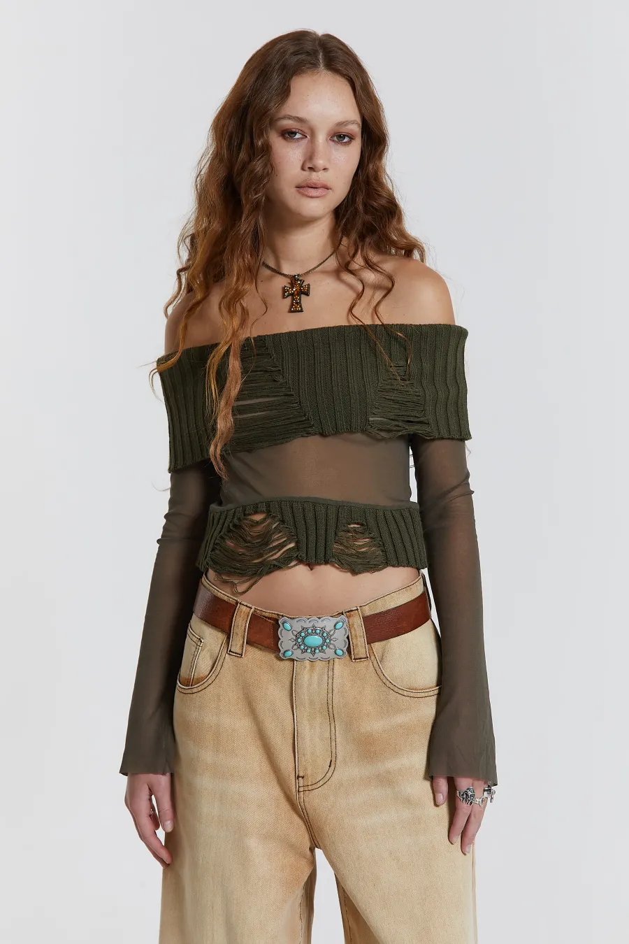 Jaded London Knitwear*Nova Off The Shoulder Mesh Top