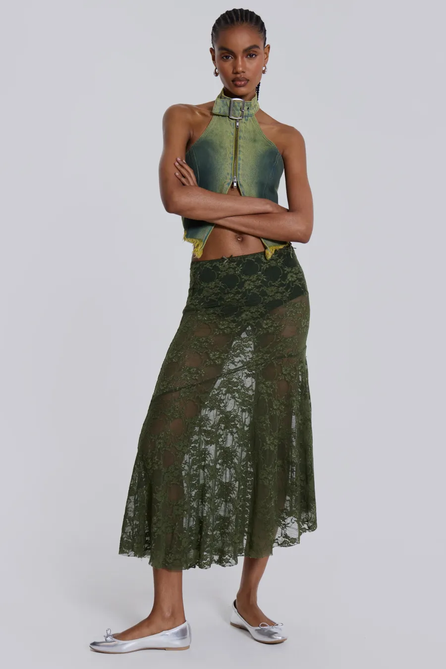 Jaded London New In Beach & Swimwear*Rhea Khaki Lace Midi Skirt