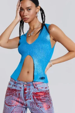 Jaded London Knitwear*Steel Metallic Knitted Sliced Top