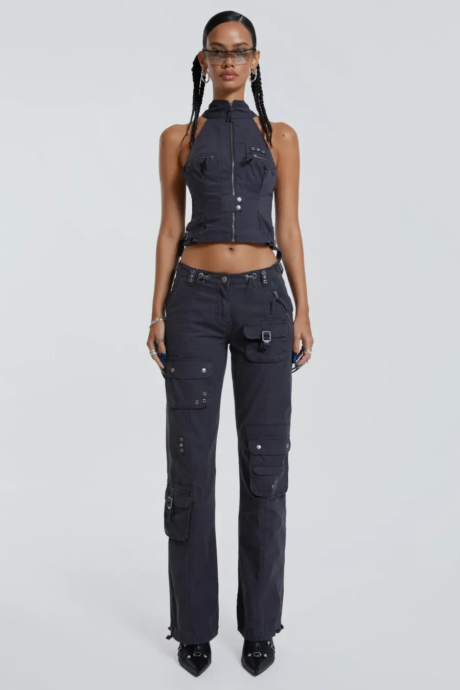 Jaded London *Vintage Grey Cargo Halter Neck Top With Pocket Detail