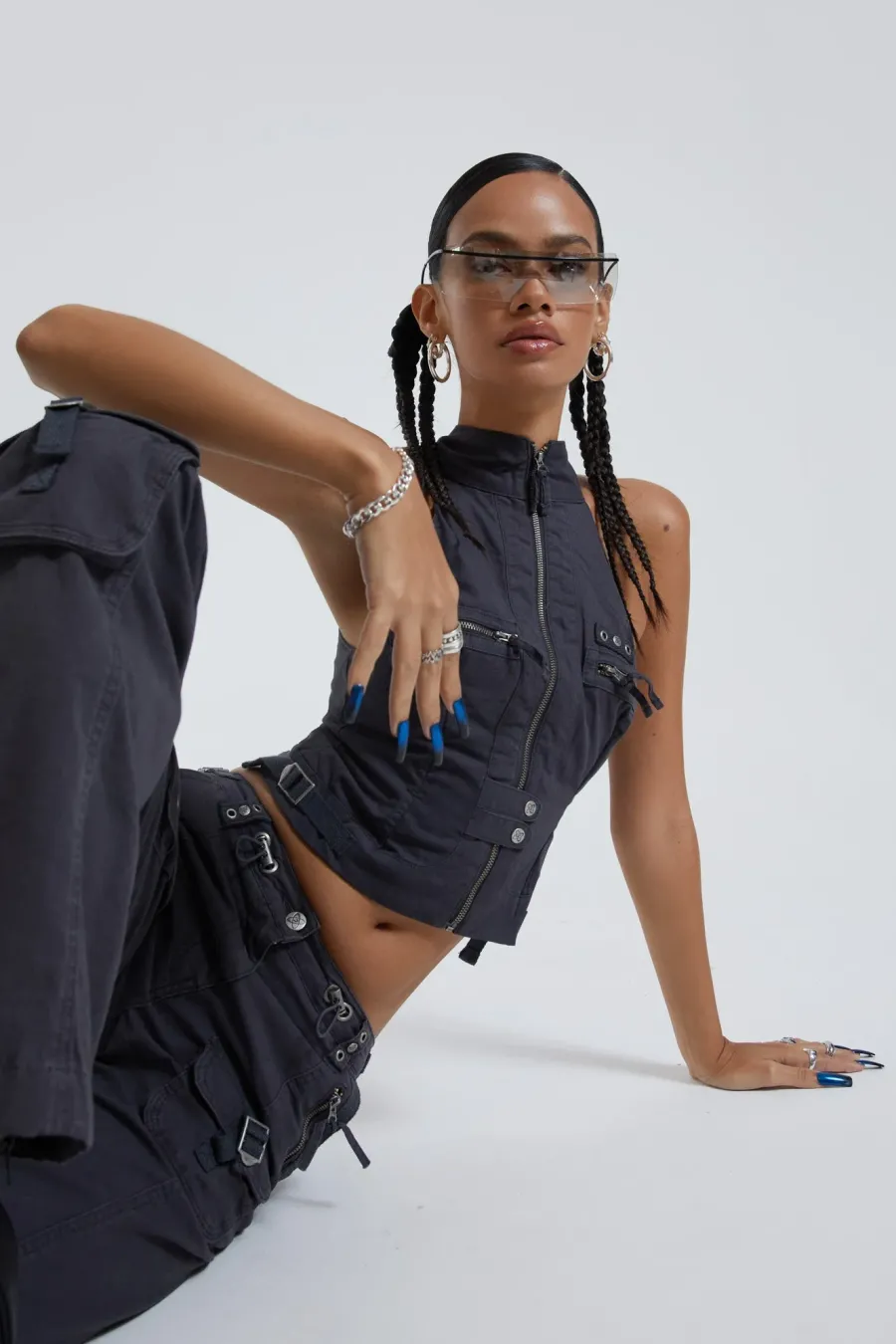 Jaded London *Vintage Grey Cargo Halter Neck Top With Pocket Detail