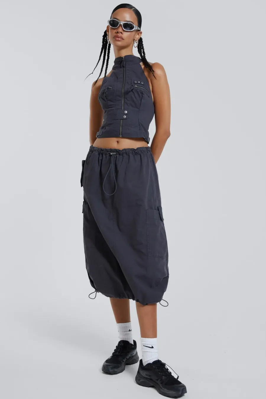 Jaded London Parachute Pants*Vintage Grey Midi Cargo Skirt